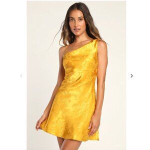 Lulus Flirting with Elegance Yellow Satin Jacquard Gold Mini Dress wedding M